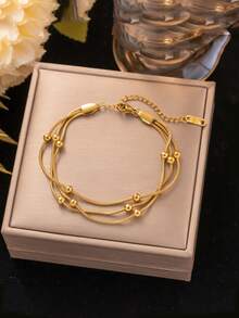 RAYQUEEN 1 pieza Pulsera de cadena de cuentas redonda minimalista de acero inoxidable de 3 capas, adecuada para uso diario - Pulsera - Ver 8