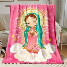 Anime Virgin Mary & Our Lady Guadalupe Design Soft Flannel Throw Blanket - Lightweight All-Season Flannel Blanket Camping, Travel, Home - Pastel Pink & Golden Religious Spanish-Inspired Design - Anime Fans, Catholics - 彩色 - 查看 1