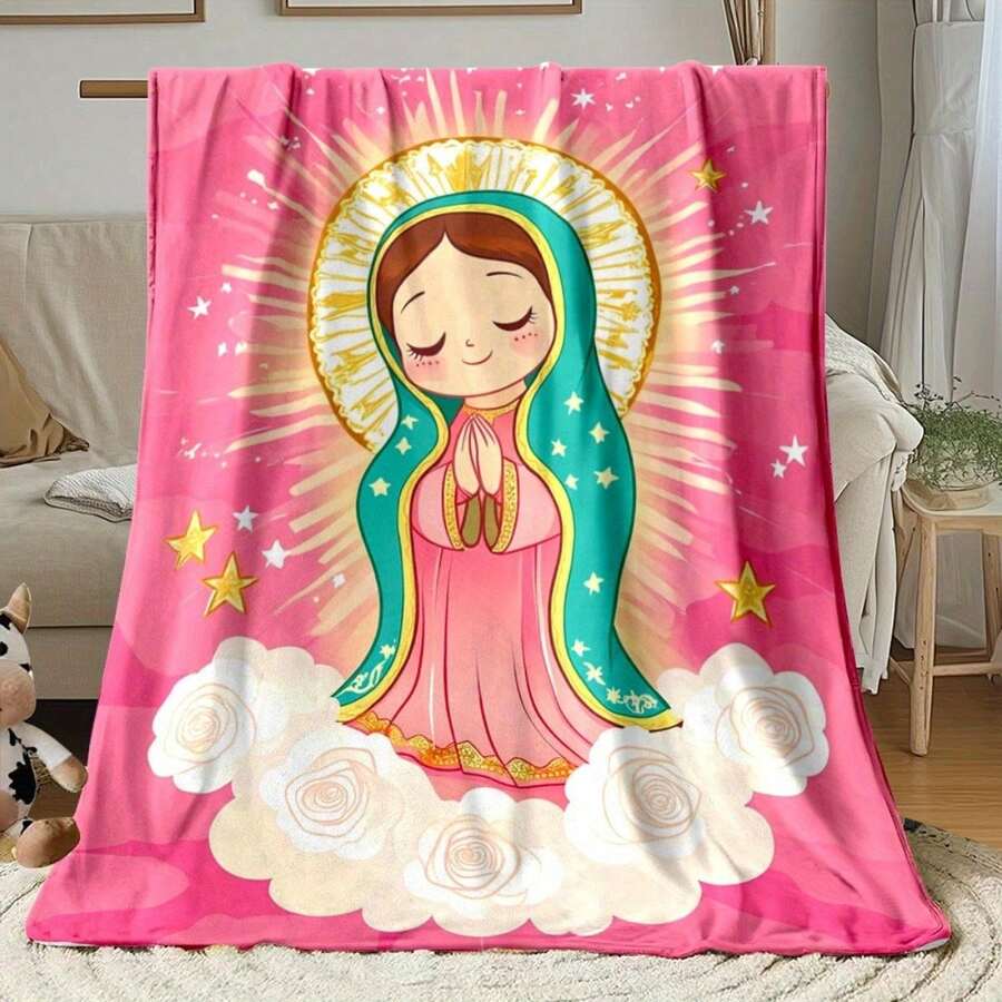 Anime Virgin Mary & Our Lady Guadalupe Design Soft Flannel Throw Blanket - Lightweight All-Season Flannel Blanket Camping, Travel, Home - Pastel Pink & Golden Religious Spanish-Inspired Design - Anime Fans, Catholics - 彩色 - 查看 1