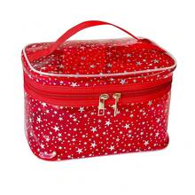 Star Print Red PVC Makeup Bag With Handle - 8.66 * 5.51 * 5.51 Inch,Clear Storage Bag Toiletry Pocket Portable Zippered Pouch Waterproof Cosmetic Organizer Bags For Women (Red-L) - 紅L - 查看 2