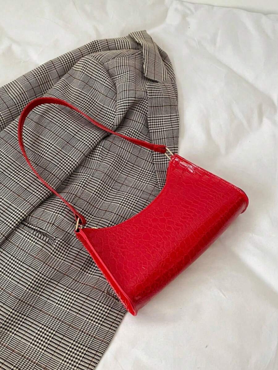 Solid Color Embossed Geometric Shoulder Bag With Zipper, Women's Shoulder Bag, Fashion Retro Zipper Bag, Casual Waterproof Handbag For Teen Girls, Women, College Students, Rookies & White-Collar Workers. Perfect For Office, Work, Business, Commute. Best Work Bag For Women., Retro Inspired Bag For Women - 紅色 - 查看 1