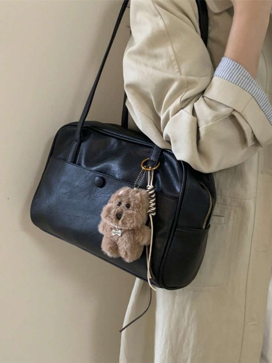 (Excluding Pendant Accessories)1pc Women's PU Leather Tote Bag Square Bag Large Capacity Oversized Scratch Resistant And Wear-Resistant Pouch For Passport Money ID Card Credit Card LightweightFor Commute/Commuting Fashion Casual Minimalist Suitable For Shopping, Commuting, Work, Dating, Shopping, Daily Travel - Black - View 1