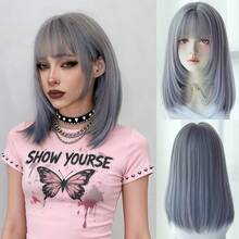 AKAKO 浅蓝色挑染波波头假发，带刘海，14英寸短直发，女士齐肩长度，合成刘海假发，外观自然，耐热，适合日常、万圣节派对等场合，Y2K和哥特风格假发配件 - 挑染藍色 - 查看 11