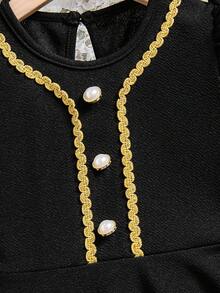 Girls Classic Vintage Dress, Black Short Sleeve Dress With Gold Trim Ribbon Trim + Pearl Buttons + Bow Hem Decor, Luxury Lady-Like Style Suitable For Birthday Party, Piano Recital, Crisp Fabric With Exquisite Details, High-End Look For Girls To Attend Formal Occasions And Photo Shoots - Black - View 7