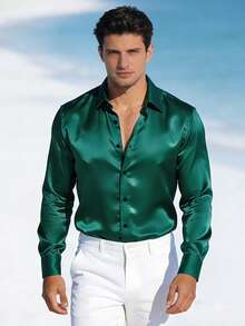 Spring New Men's Long Sleeve Shirt, American Satin Casual Shirt, Classic Glossy Nightclub Bar Elegant Shirt - Dark Green - View 1