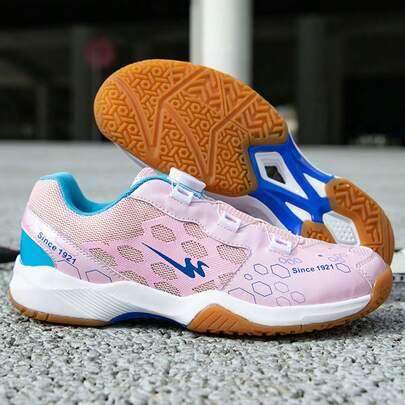 Zapatillas de bádminton con suela de goma antideslizante, parte superior transpirable, botón giratorio sin cordones, disponibles en múltiples tallas para entrenamiento profesional y competición deportiva