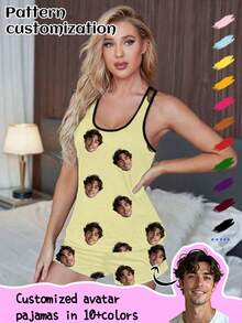 Customized Women's Pajama Set, Personalized Pet/Character/Family Portrait Replacement, Holiday/Bestie Gift - Yellow - View 1