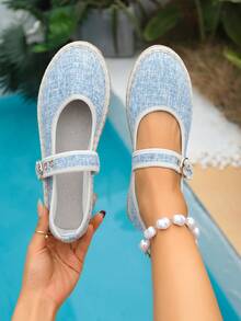 新款复古优雅简约清新蓝色百搭亚麻绳底亚麻布中底透气舒适时尚休闲搭扣可调节轻便平底乐福鞋 - 淺藍色 - 查看 2