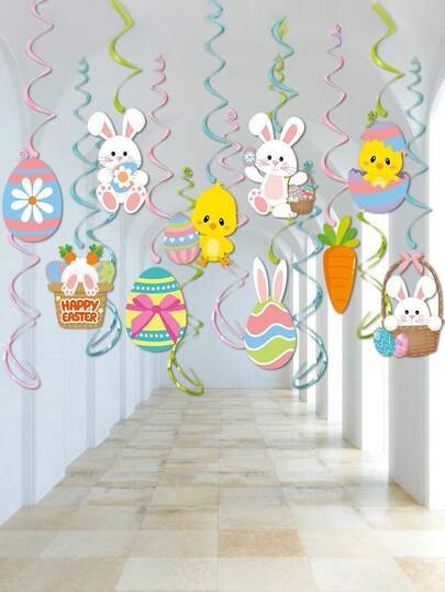 16sets-Easter Hanging Swirl Decorations With Hooks Easter Hanging Ceiling Party Favor Decorations Ceiling Spiral Streamers Cartoon Carrot Egg Bunny Pendant Ornament For Holiday Spring Decor,Easter Party Decorations Egg-Bunny Swirl Banner