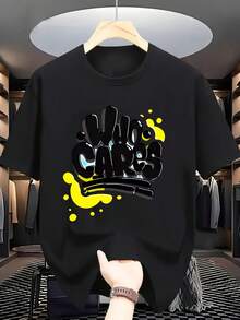 Camiseta gráfica de algodón de 180g para hombres - Negra con impresión de graffiti amarillo y azul, cuello redondo, camiseta casual de manga corta para uso diario, días festivos y regalos (Día del Padre, Mes del Orgullo, Pascua), camiseta temática de vacaciones, moda streetwear, top lavable a máquina - Negro - Ver 2