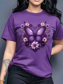 Women's T-Shirt, Elegant Style With Purple Butterfly Flower Cluster And Heart Print, Fresh And Eye-Catching, Suitable For Daily Wear, Loose Fit That Suits Various Body Types, Comfortable And Versatile Fabric. - màu xanh nhạt - Xem 8