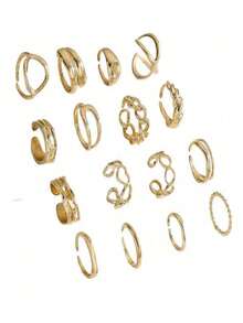 16pcs/Set Punk Style Geometric Rings Set, Vintage Fashion Jewelry Gift, Suitable For Daily Outfit And Party Accessories - Silver - View 10