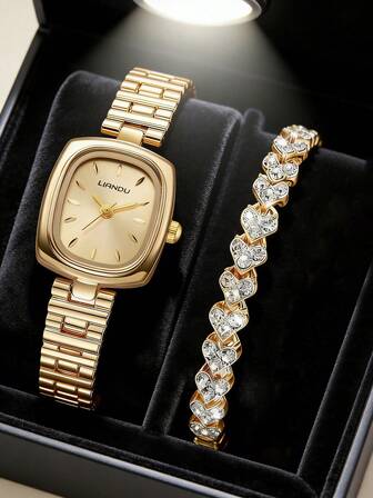 LIANDU LIANDU Minimalist Luxury Style, Vintage Yet Fashionable. Features An Oval Case With A Studded Dial And A Stainless Steel Removable Strap. This Quartz Watch Comes With A Matching Bracelet Set, Perfect For Everyday Wear And An Ideal Gift