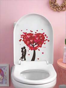 Valentine's Day Romantic Heart Tree Toilet Seat Sticker, Bathtub Sticker, Window Sticker, Cabinet Sticker - Gentle Embrace & Kiss Design, Easy To Apply Bathroom Decor, One-Time Smooth Texture, Valentine's Day Cartoon Heart Tree Pattern, Glossy Finish, Valentine's Day Decor, Waterproof Toilet Tank Sticker, Bathroom Wall Tank Sticker