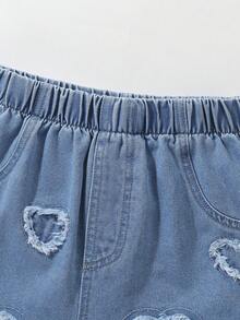 1pc Girls' Casual Loose Fit Denim Shorts, Comfortable & Versatile, Fashionable With Heart & Tassel Decor, Elastic Waist, Blue - Medium Wash - View 4