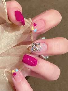 1张14片自粘凝胶指甲油贴纸，防水持久3D时尚美甲贴花，适合女性、女孩、居家庆祝、舞会、节日、旅行、快速美甲，酒红色和银色闪粉美甲用品 - 彩色 - 查看 4