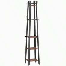 4-Tier Freestanding Clothes Rack, 8 Hooks, 4 Shelves, Industrial Style, Metal, Particleboard, Brown - Brown - View 9