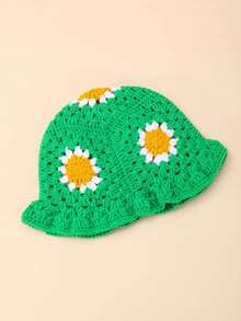 1pc Handmade Crochet Sunflower Pattern Decorated Color-Block Patchwork Bucket Hat, Lovely & Sweet Style, Perfect For Traveling And Outdoor Activities For Women - Green - View 13