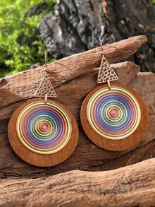 TopHanqi 1 par de pendientes redondos de madera vintage personalizados con estampado de patrón espiral, pendientes de estilo bohemio para mujeres, adecuados para uso diario, viajes, fiestas y todas las estaciones