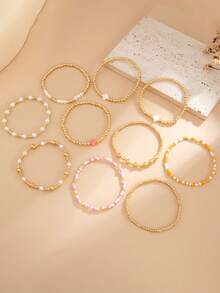 10 piezas Brazalete bohemio elegante y de moda con cuentas de perlas falsas, adecuado para que las mujeres lo usen en vacaciones y fiestas