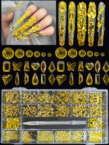600pcs Assorted Colorful Irregular Rhinestones + 2500pcs Flat Bottom Nail Art Rhinestones, 19 Styles, Suitable For DIY Crafts, 3D Decoration, Flat Gems, Includes Wax Pencil For Nail, Shoes, Clothes, Jewelry, Glass, Great Gift For New Year, Valentine's Day - Yellow - View 7
