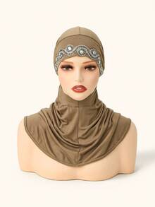 1pc Women's Solid Color Wavy Rhinestone Balaclava Hat, Made Of Modal Fabric, Hot-Fix Rhinestones, Soft & Comfortable Beanie Headscarf, Adjustable Drawstring Headwrap, Fashionable & Versatile Scarf Lining Hat, Suitable For Daily Wear