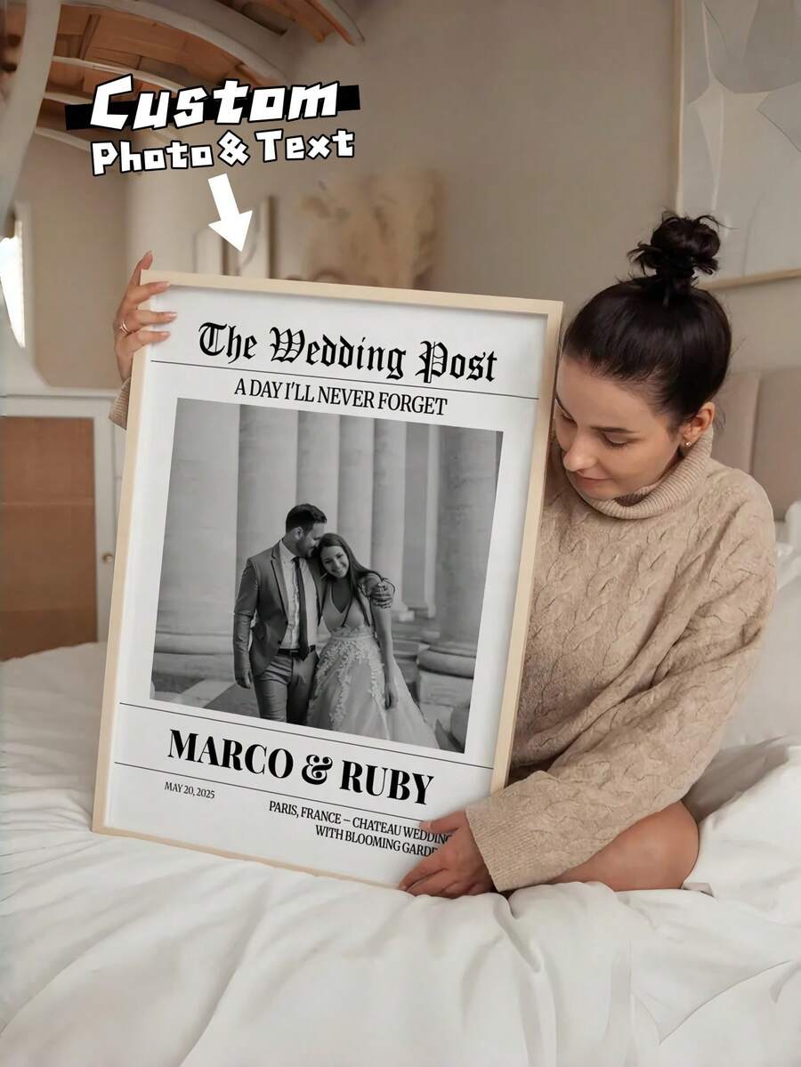1pc Customized Newspaper Poster, Personalized Wedding Newspaper Photo & Text Wall Art Print, Newlywed Times Newspaper, Wedding Party Announcement, Wedding Gazette, Ideal For Weddings And Special Occasions - Multicolor - View 1