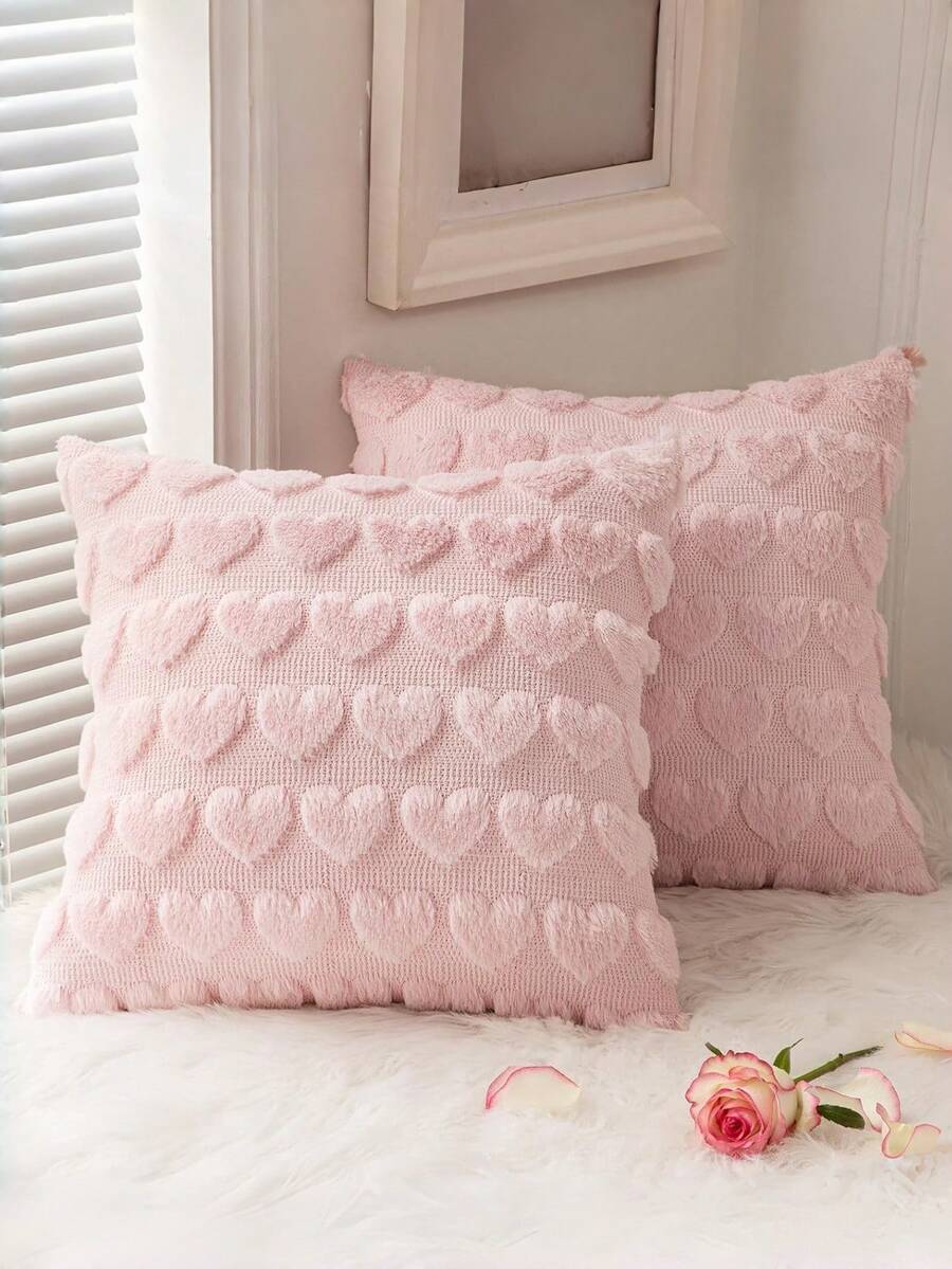 1 chiếc vỏ gối màu hồng nhạt họa tiết trái tim, gối vuông trang trí lãng mạn bằng lông giả len với chi tiết trái tim - Gối trang trí ngày Valentine, phù hợp cho ghế sofa, phòng ngủ và trang trí nhà cửa lãng mạn. - Màu Hồng baby - Xem 1
