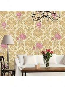 Eine Rolle selbstklebende Vinylvliestapete mit goldenen und rosa Hibiskusblumen Mustern, einfach abziehen und aufkleben. Geeignet für Wand Dekoration in Schlafzimmern, Wohnzimmern, Küchen, Esszimmern und Zuhause, sowie für die Renovierung von Tischplatten und Schränken. langanhaltend und abnehmbar. Verschiedene Größen erhältlich. - Gold - Übersicht 5