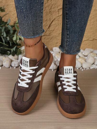 1 Pair Women's Road Running Shoes, Training Shoes, Casual Sneakers, Round Toe Lace-Up Contrast Color Brown Beige, Comfortable Versatile For Daily, Indoor, Outdoor, Casual, Sports, Gym, Tennis, European Size 36-43