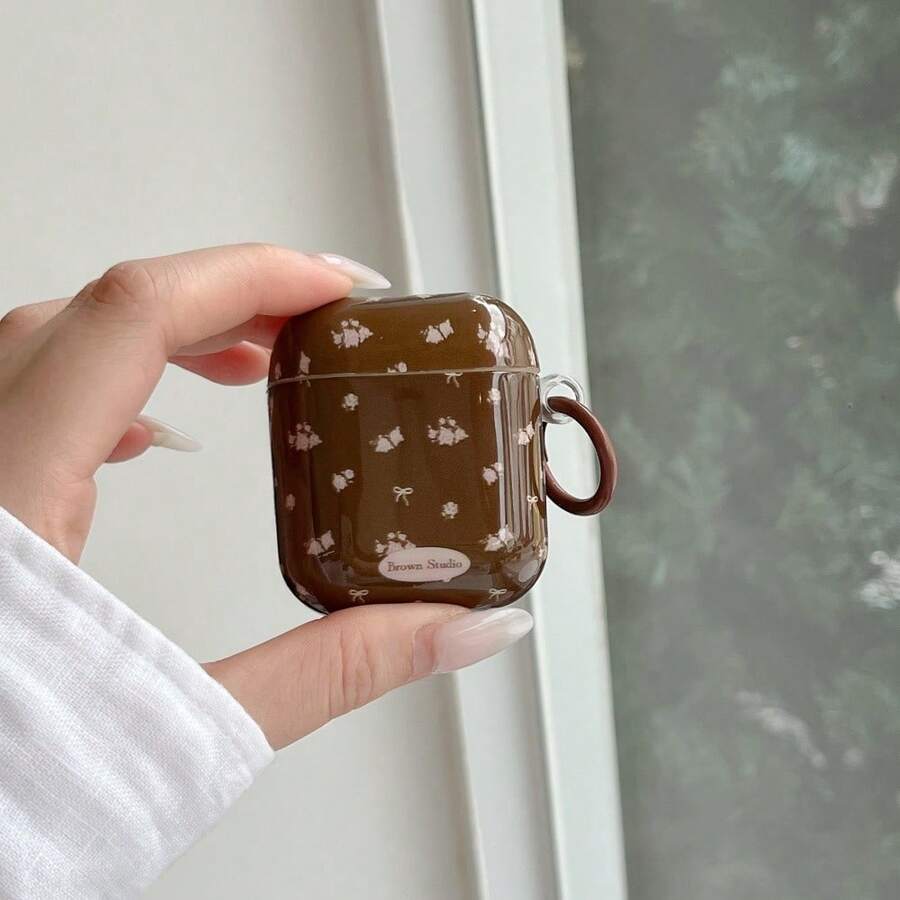 Cute Pink Floral Design Earphone Case Compatible With Apple Pro 3, 1/2/Pro/Pro 2, Shockproof Protective Cover, Korean Style - Brown - View 1