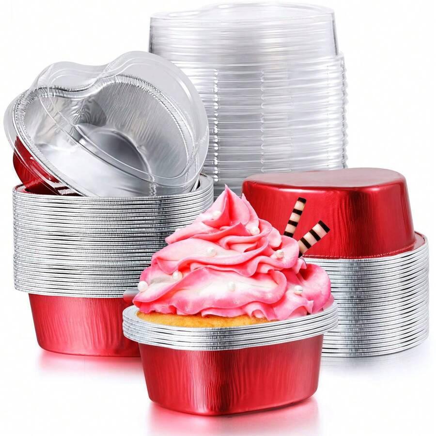 100/50/10 piezas Molde de aluminio para tartas con forma de corazón y tapa, taza para cupcakes de 100 ml/ 3.4 onzas, taza para flan y hornear para el Día de San Valentín, Día de la Madre, Boda, Navidad - Multicolor - Ver 1