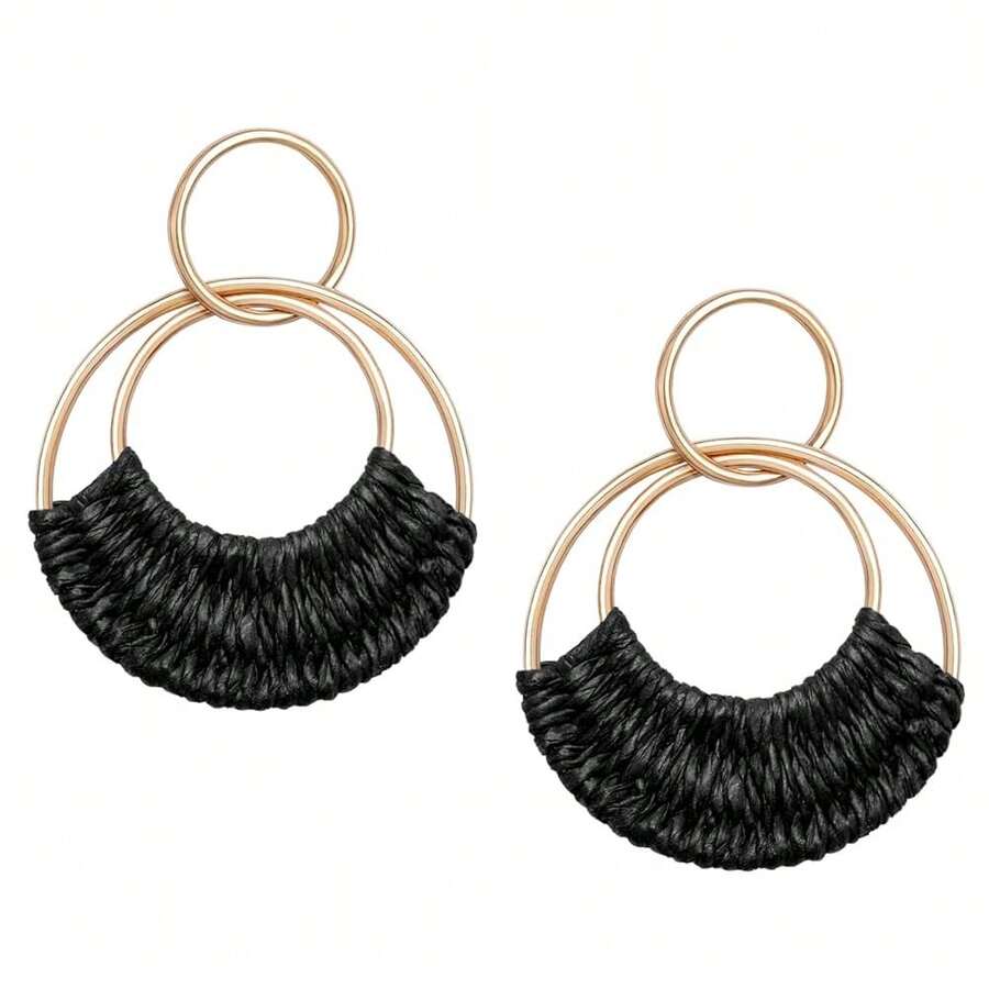 Raffia Hoop Earrings For Women Fun Boho Summer Beach Earrings Lightweight Handmade Straw Wicker Rattan Dangle Earrings Statement Geometric Round Drop Earrings - 黑圓 - 查看 1