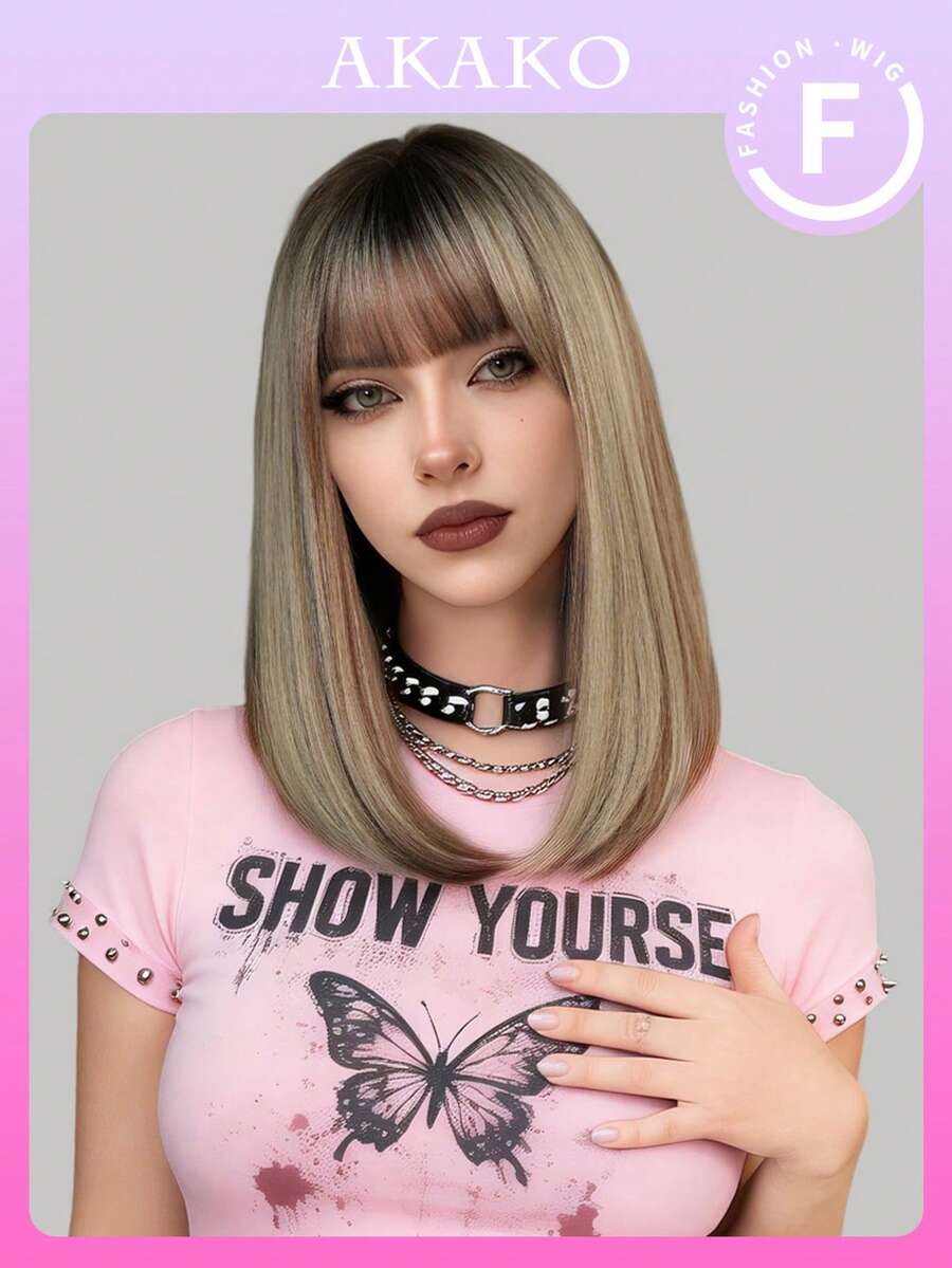 AKAKO 棕色挑染波波头假发，带刘海，14英寸短直发，女士齐肩长度，合成刘海假发，外观自然，耐热，适合日常、万圣节派对等场合，Y2K和哥特风格假发配件 - 挑染棕色 - 查看 1