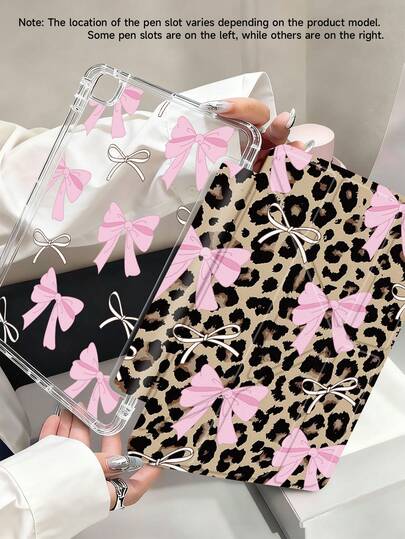 Leopard Bow Flat Protective Case Compatible With IPad Air4/5 10.9", Compatible With IPad 7/8/9th 10.2", Built-In Pen Slot Compatible With Samsung Tab S6 10.4", Tab A7 Lite 8.7", Leather Case, Back To School, Valentine's Day, New Year Gift