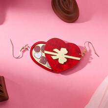 1 Pair Of Daily Fun Chocolate Heart-Shaped Jewelry Box Earrings With Acrylic Color Printing And Creative Bow-Shaped Heart Jewelry Box. Asymmetrical Earrings. Valentine's Day Gift For Your Girlfriend. Women's Stylish Drooping Earrings. Acrylic Material. Gift For Girlfriend At Valentine's Day Party, Vacation. - 紅色 - 查看 2
