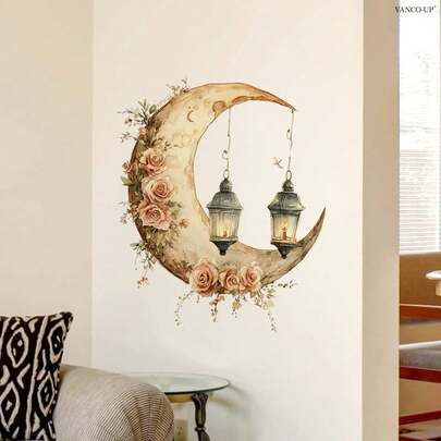 1 st Vintage Rose Moon 3D Stereo Vattentät Oljetålig PVC Väggdekal, Lämplig för Ramadan, Sovrum, Kök, Badrum, Vardagsrum