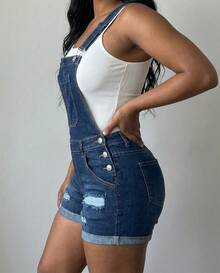 Damshorts med justerbara remmar och slitna muddar, tvättade denimbyxor, sommar - Mediumtvätt - Visa 3