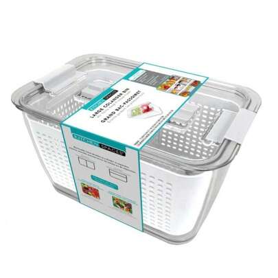 Kitchen Spaces Colander Bin, Produce Saver, Fridge Organizer With Lid, Wash, Strain And Store, Great For Refrigerator, Freezer And Pantry, Large, White, Pack Of 1