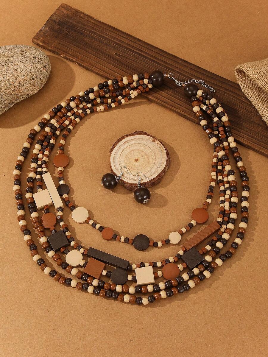 1 Set Handmade Multi-Layer Exaggerated Wooden Bead Necklace, Boho Style Bib Necklace For Women, Suitable For Beach, Party, Middle Eastern Formal Events, Beautiful Jewelry Necklace & Earrings - Brown - View 1