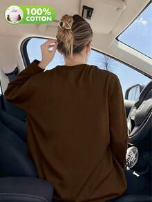 女士休闲纯色圆领长袖棉质T恤，春/秋/冬 - 咖啡棕 - 查看 7
