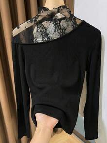 早春撞色蕾丝荷叶边女士打底衫，秋冬休闲黑色 - 黑色 - 查看 7