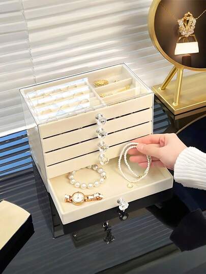 1 pieza Caja de almacenamiento de joyas apilable de 1/3/5 niveles con cajones de terciopelo - Diseño transparente de múltiples capas para pulseras, relojes, aretes y collares - Adecuado para el tocador y la mesa