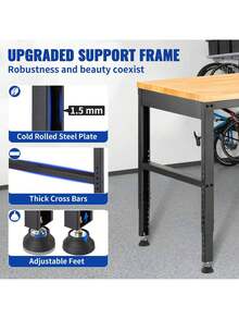Adjustable Workbench, 48x20in Garage Table W/ 28.3in To 38.1in Heights & 2000lbs Load Capacity, Adjustable Working Table With Power Outlets & Hardwood Top & Metal Frame & Foot Pads, For Office Home Garage - Maple - Xem 6