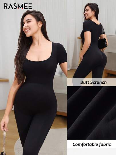 1 st sömlös enfärgad kortärmad gravidjumpsuit, tillverkad med sömlös stickningsteknik för perfekt passform. Svart hudvänligt tyg med utmärkt elasticitet, ger flexibilitet och stöd för magen, lämplig för sport, yoga, jogging, hemmet, pendling och olika tillfällen.