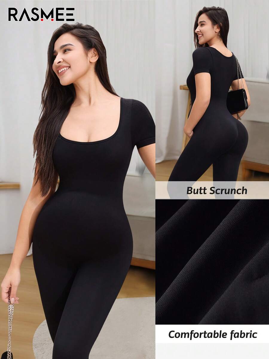 一件式无缝纯色短袖孕妇连体衣，采用无缝针织技术，完美贴合身形。黑色亲肤面料，弹性极佳，为腹部提供灵活支撑，适合运动、瑜伽、慢跑、居家、通勤及各种场合。