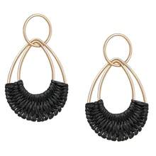 Raffia Hoop Earrings For Women Fun Boho Summer Beach Earrings Lightweight Handmade Straw Wicker Rattan Dangle Earrings Statement Geometric Round Drop Earrings - 黑色淚滴 - 查看 1