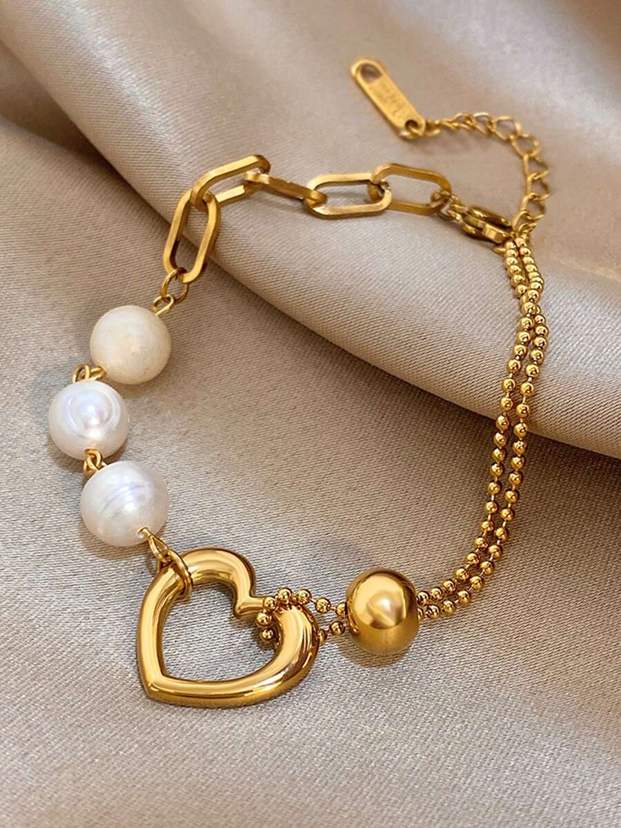 18K镀金珍珠心形手链，女士奢华珠宝，可调节双链设计，适合情人节、派对、晚宴、日常佩戴、约会、狂欢节、新年、婚礼、海滩、圣诞节、周年纪念日等场合，也是送给妈妈的优雅礼物，波西米亚风珠宝，生日伴娘礼物。
