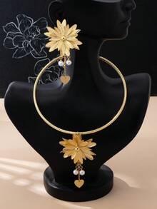 Fashionable Exaggerated Geometric 3D Heart & Sunflower Pendant Tassel Necklace & Earrings Jewelry Set, Party Gift For Women - Gold - View 5