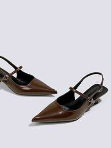 女士棕色高跟凉鞋，5厘米猫跟正式礼服鞋，派对及婚礼高跟鞋，无后跟套穿式高跟凉鞋 - 棕色 - 查看 3